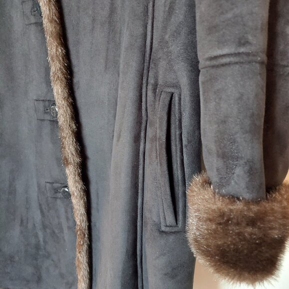 UTEX Black Ultrasuede Brown Faux Fur Trim Coat Women's Xlarge - Picture 2 of 12